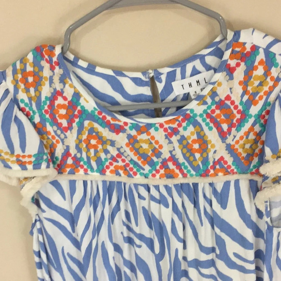 THML Anthropologie Embroidered Animal Print Blue Striped Boho Top Fringe Small - Picture 2 of 11